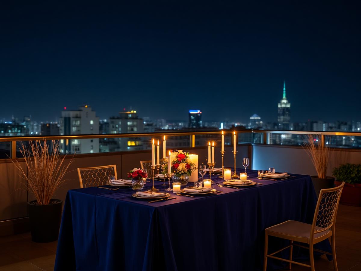 Rooftop table set up for an evening celebration
