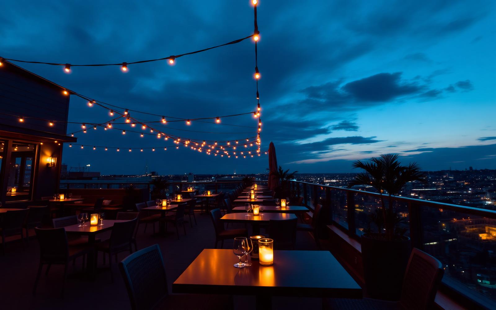 The Heaven Blue Café rooftop terrace glowing at blue hour